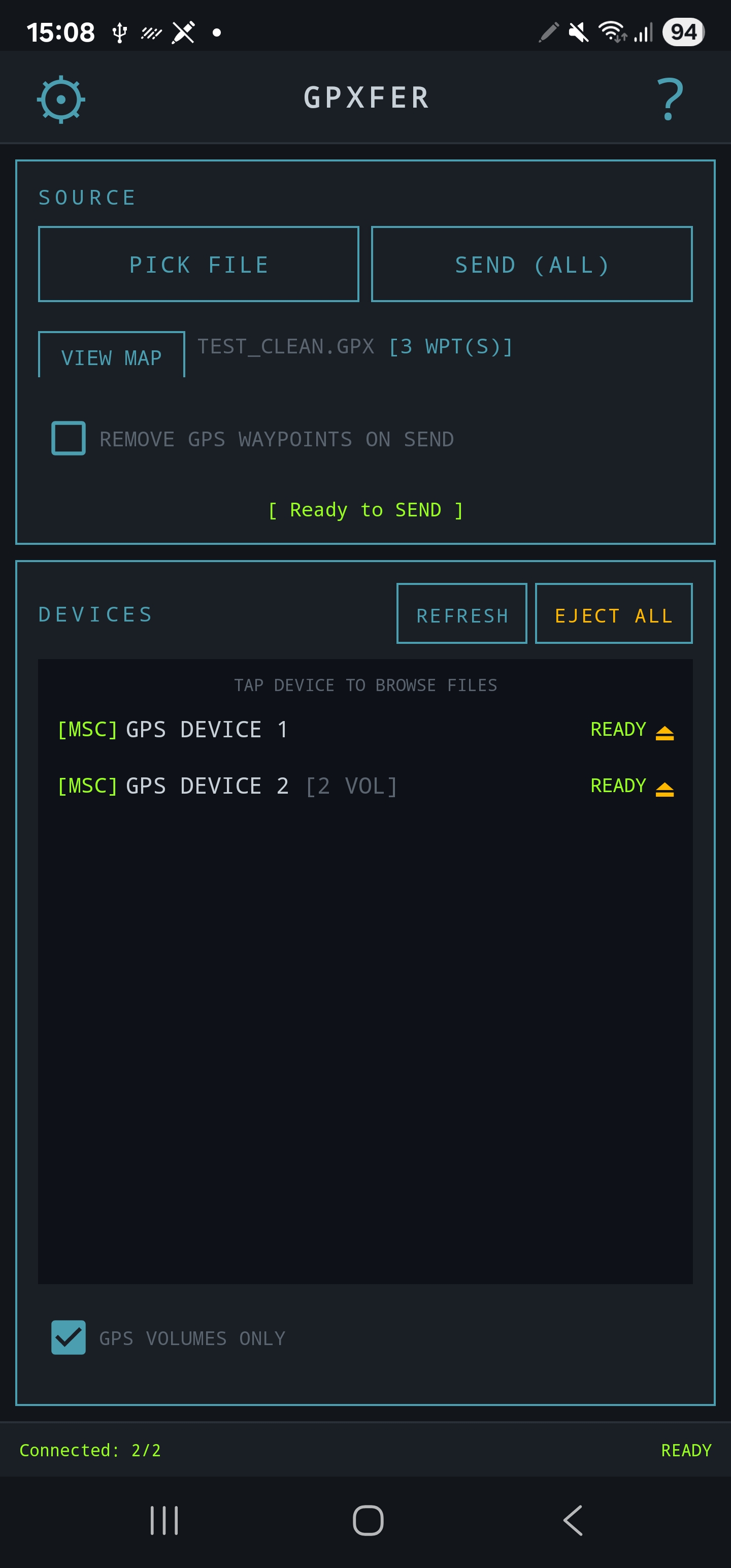 GpXfer main screen with two devices connected