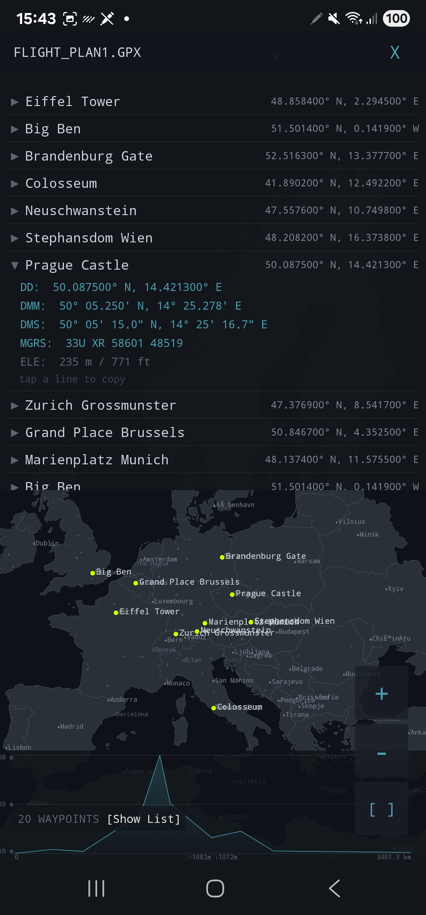 Waypoint list with coordinate formats